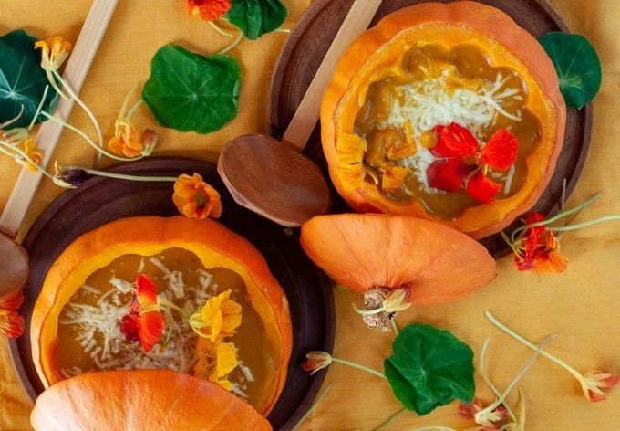 Roast Pumpkin Soup Served In A Pumpkin
