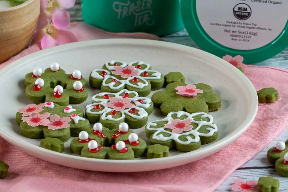 Sakura Shortbread Matcha Cookies