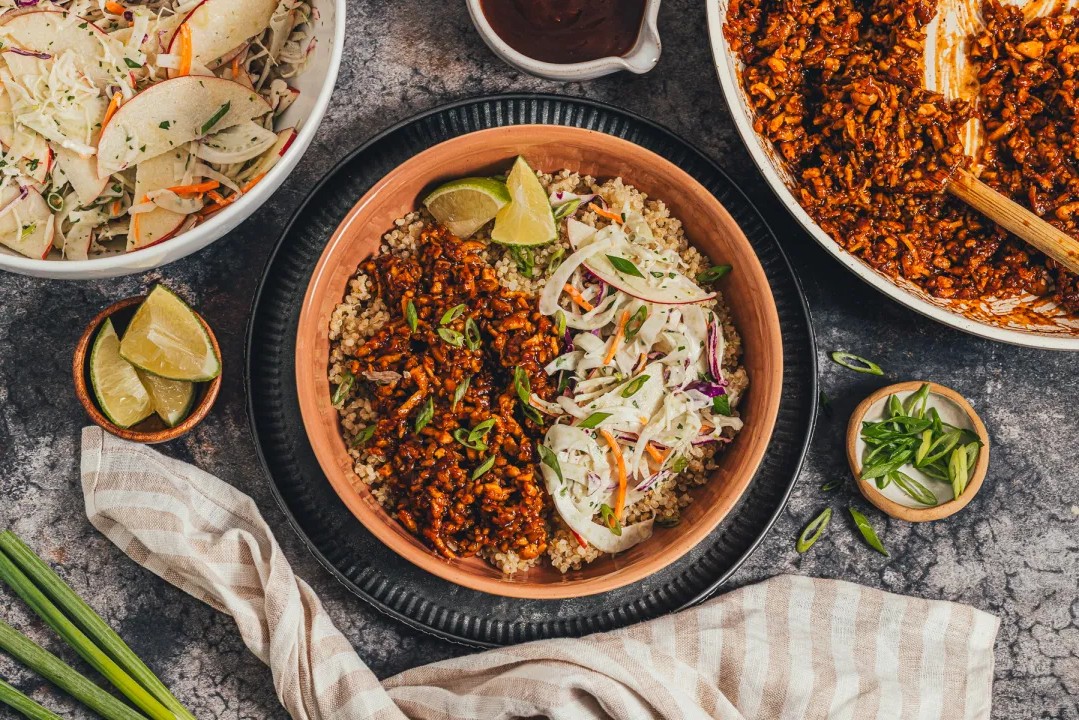 Shredded BBQ Tofu Bowls with Apple Fennel Slaw
