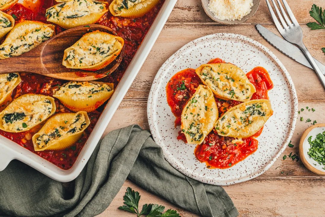 Tofu Ricotta Stuffed Shells with Spinach
