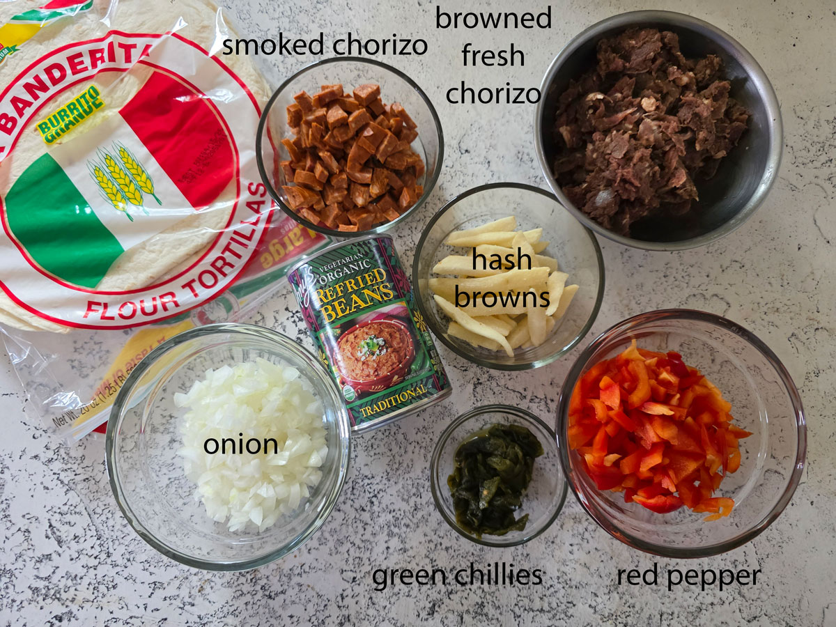Ingredients for Chorizo Breakfast Burritos. See details in the recipe below.