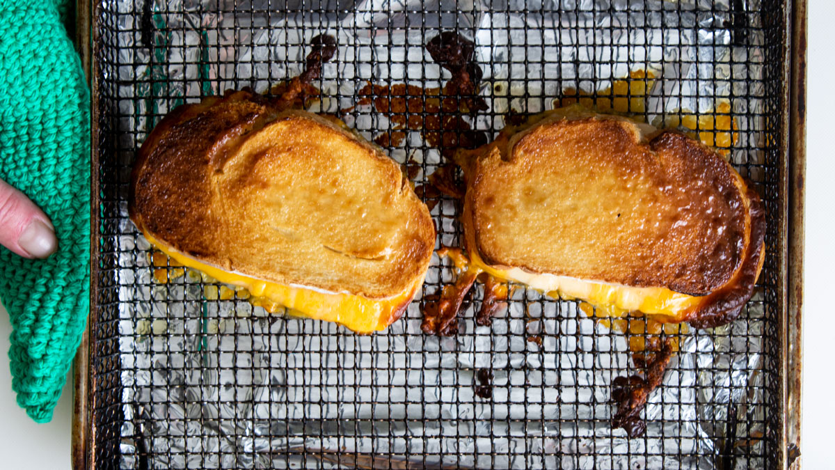 Toasted sandwich in the air fryer basket.