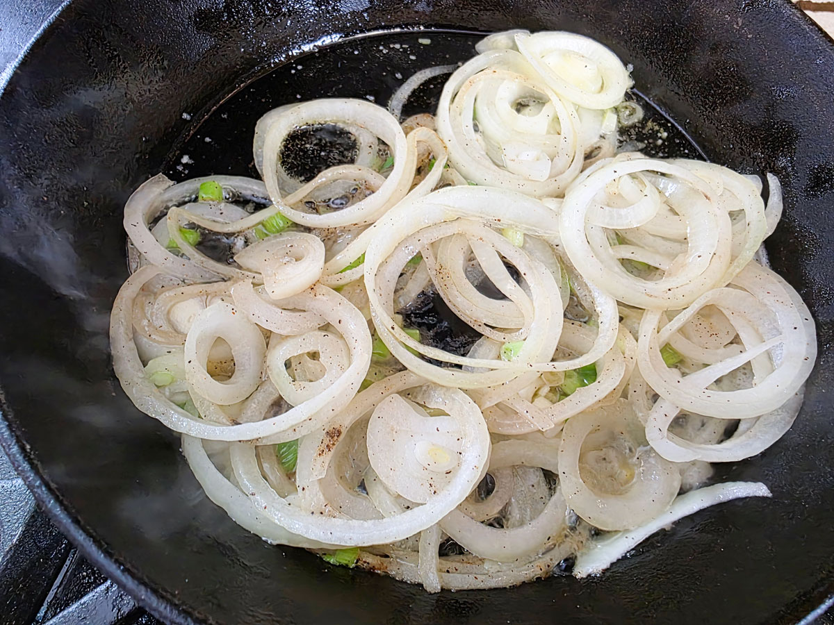 Softened onions in the skillet with salt and pepper.