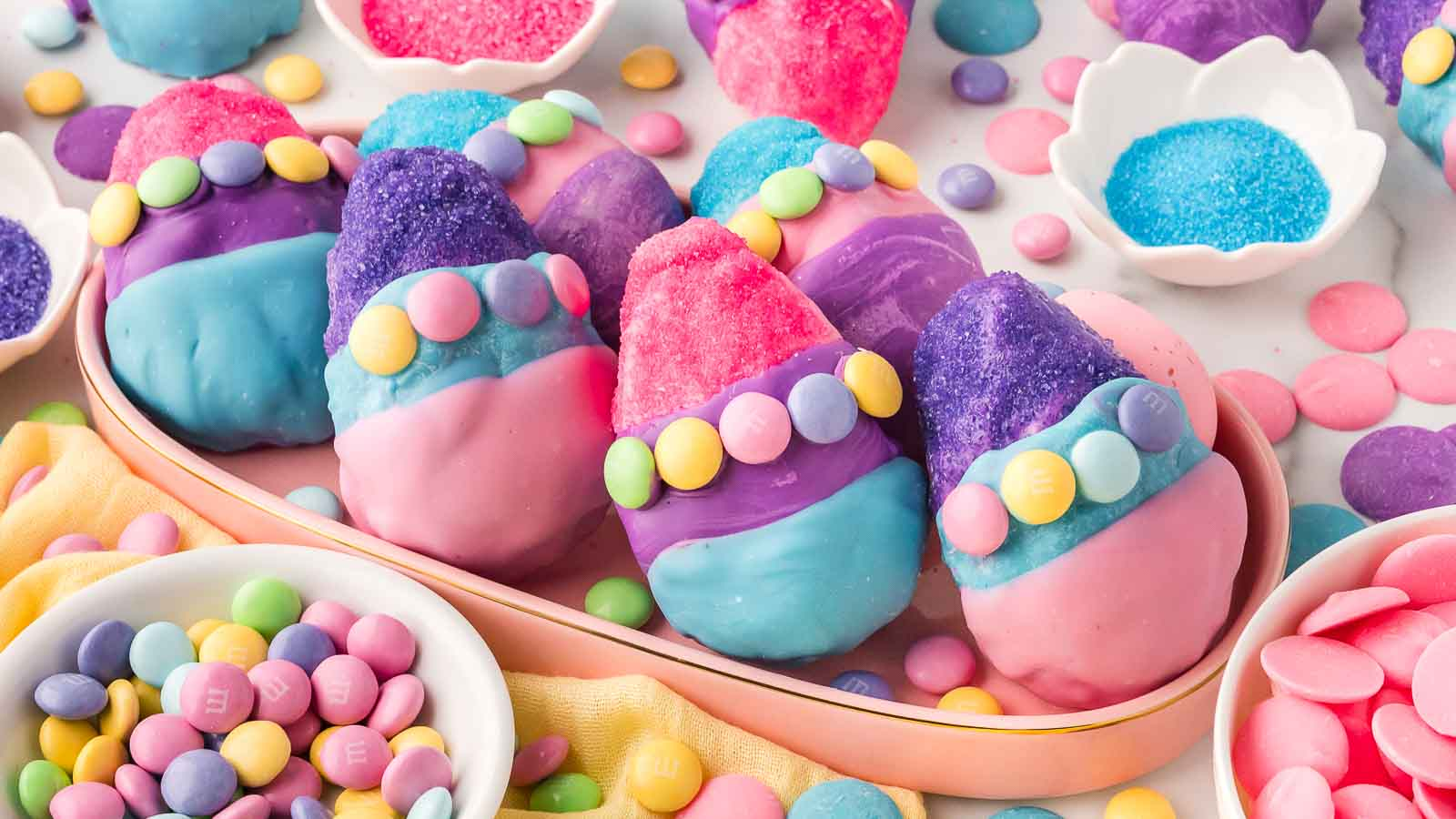 A platter of colorful Rice Krispie Easter Eggs