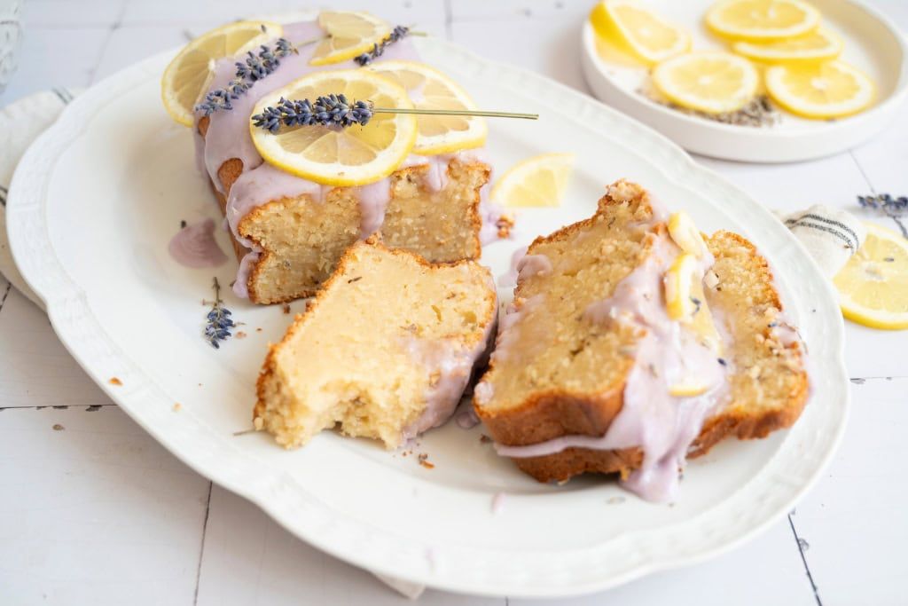 A plate of sliced Lemon Lavender Pound Cake