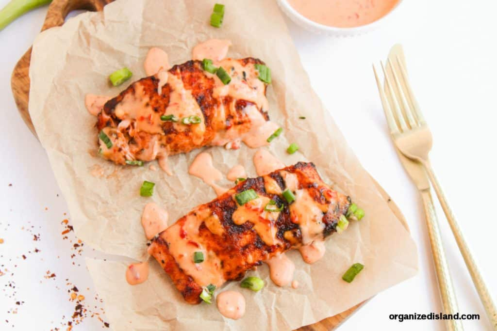 An overhead shot of two Bang Bang Salmon