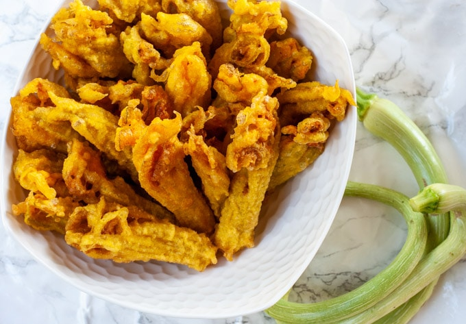 A bowl of Fried Zucchini Flowers (Fiori di Zucca)