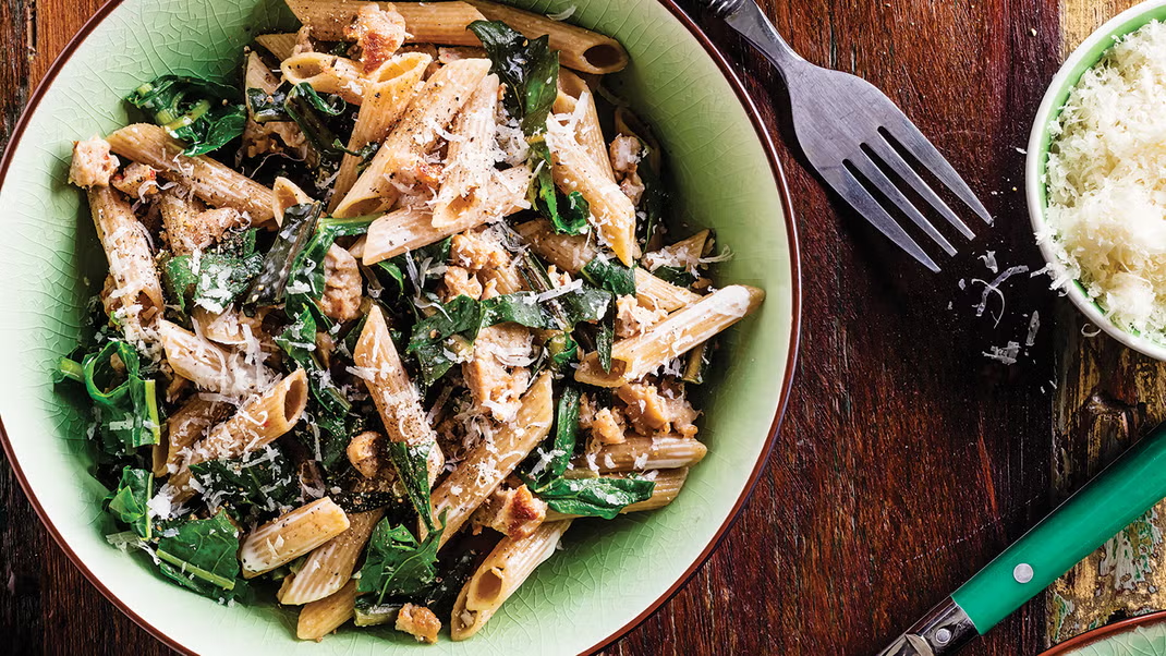 Chicken Sausage Penne with Dandelion Greens
