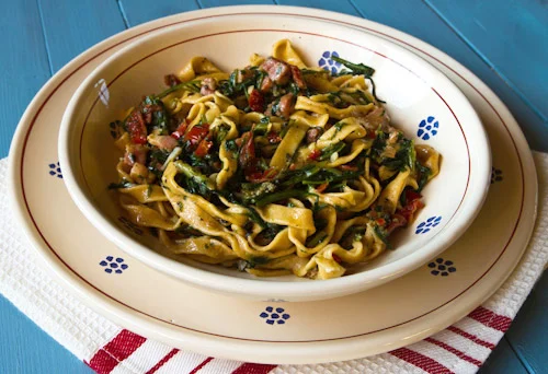 Spicy Fettuccine With Dandelion Greens
