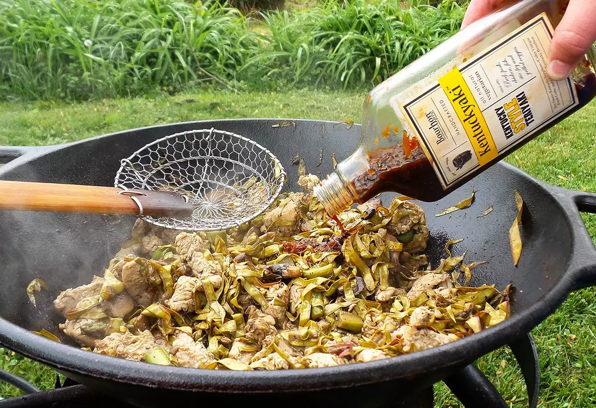 Wild Turkey Stir Fry with Redbud Seed Pods and Wild Asparagus

