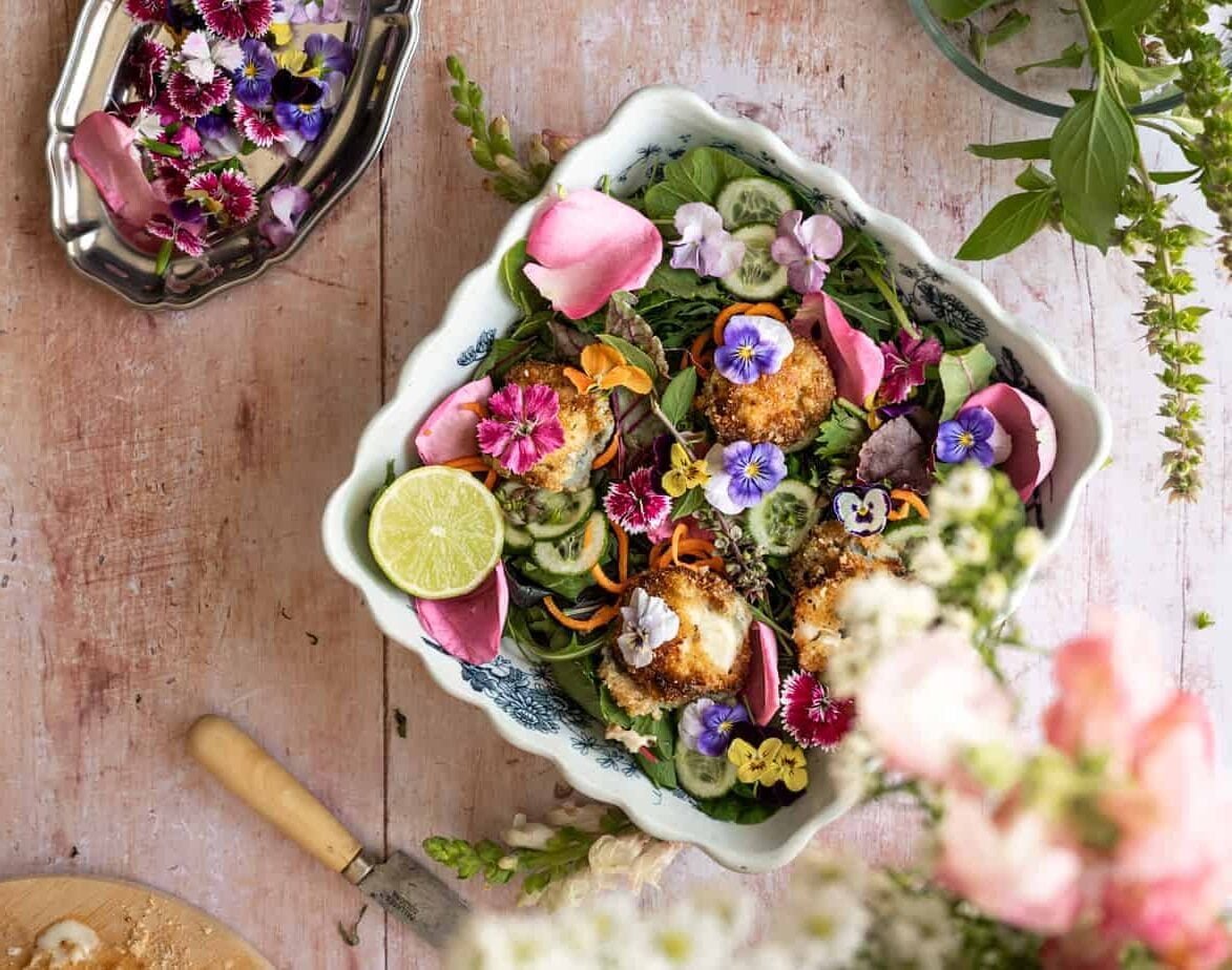 An overhead shot of Vibrant Edible Flower Salad