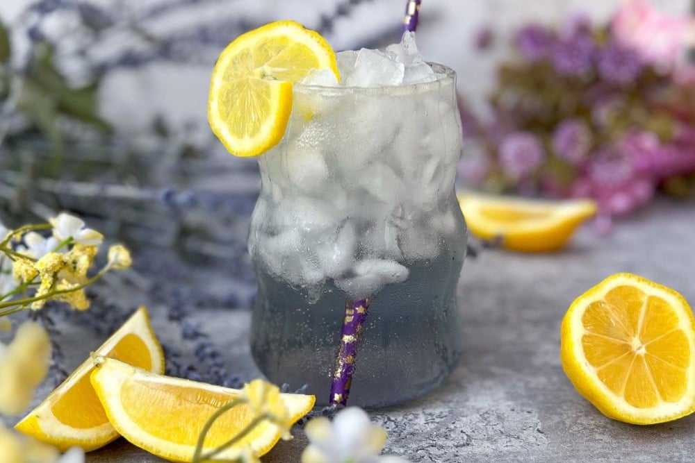 A glass of Sparkling Lavender Lemonade.