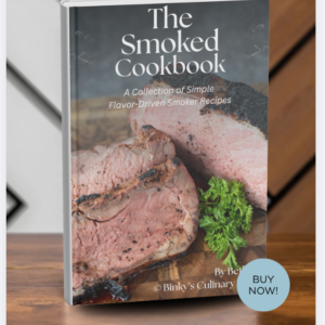 Smoked cookbook standing up on a table.