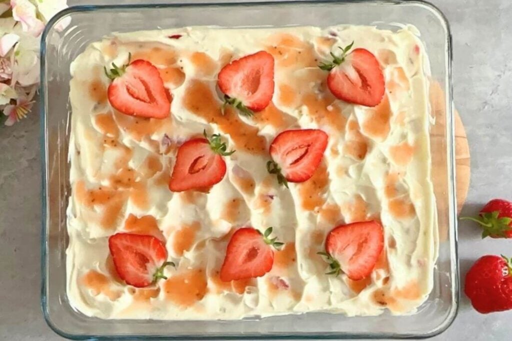 An overhead shot of Strawberry Tiramisu No Alcohol (Eggless, No Coffee!)