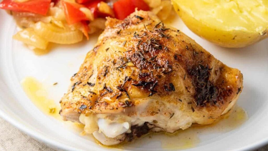 Close up image of oven roasted chicken thighs.