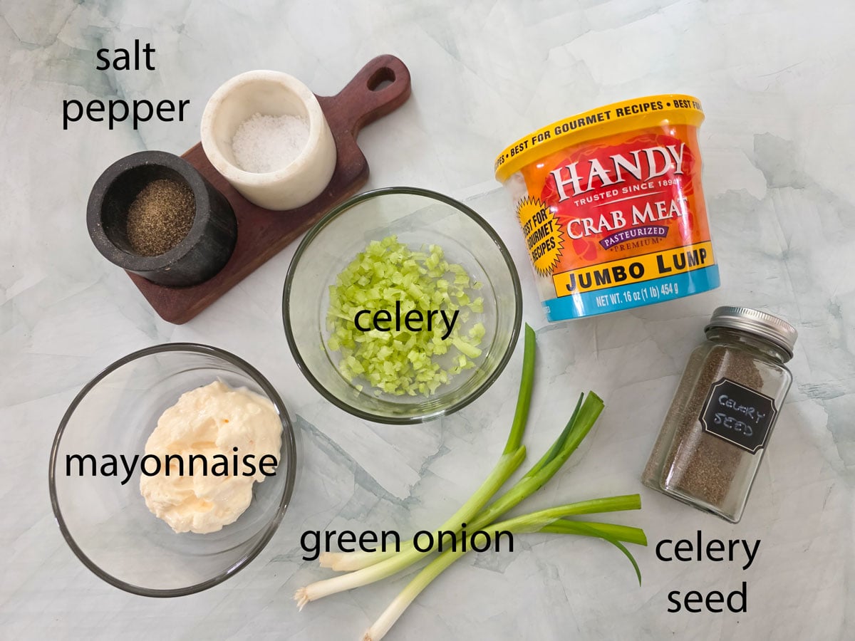 Ingredientts in crab salad. See details in the recipe below.