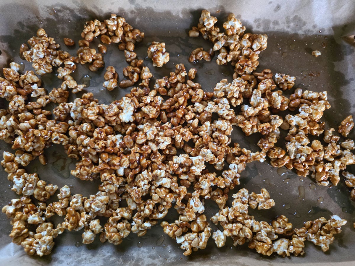 Caramel corn after it's done drying in the oven.