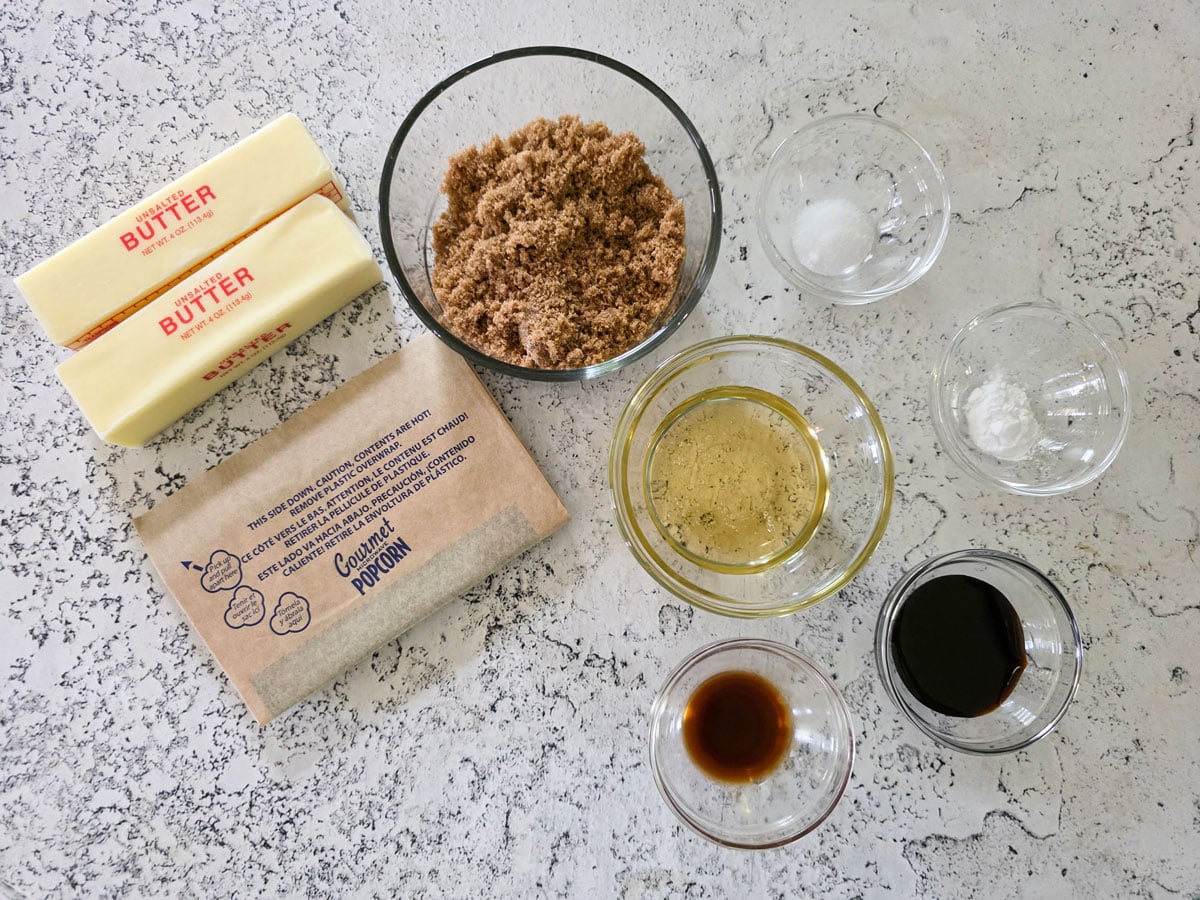 Ingredients for caramel corn. See details in the recipe card below.