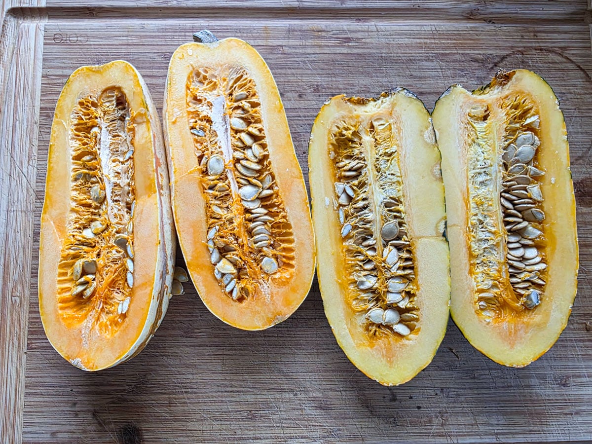 Delicata squash cut in half.