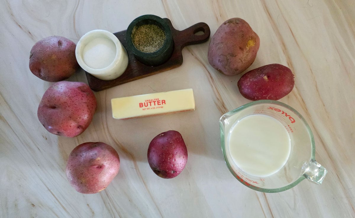 Ingredients for red mashed potatoes. See details in recipe below.