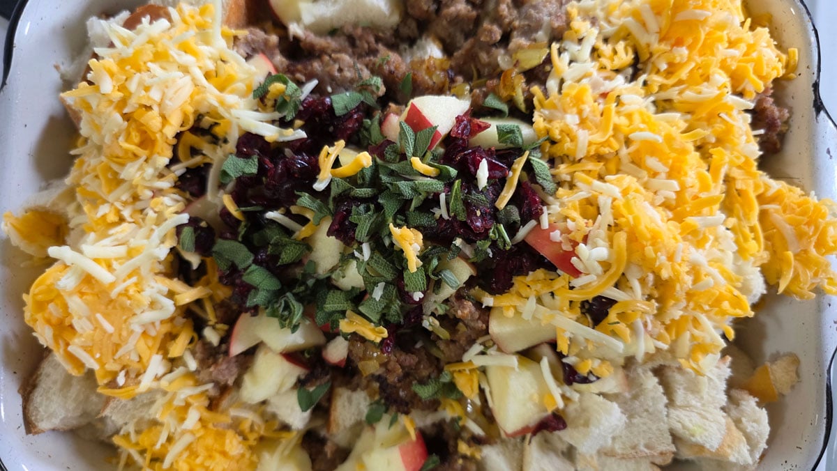 Ingredients added to a casserole dish.