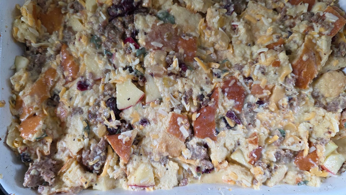 Ingredients added to a casserole dish.