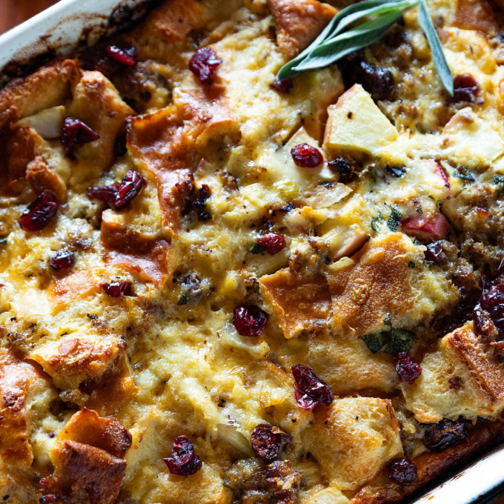 Baking pan with sausage breakfast casserole.