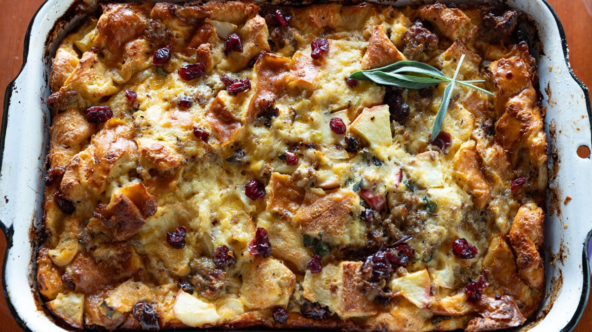 Whole, uncut casserole in an antique enamel casserole dish.
